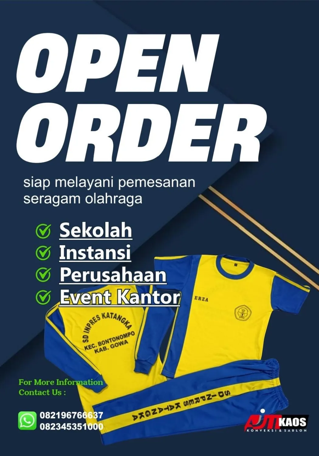 Materi promosi AJM untuk seragam olahraga warna kuning dan biru