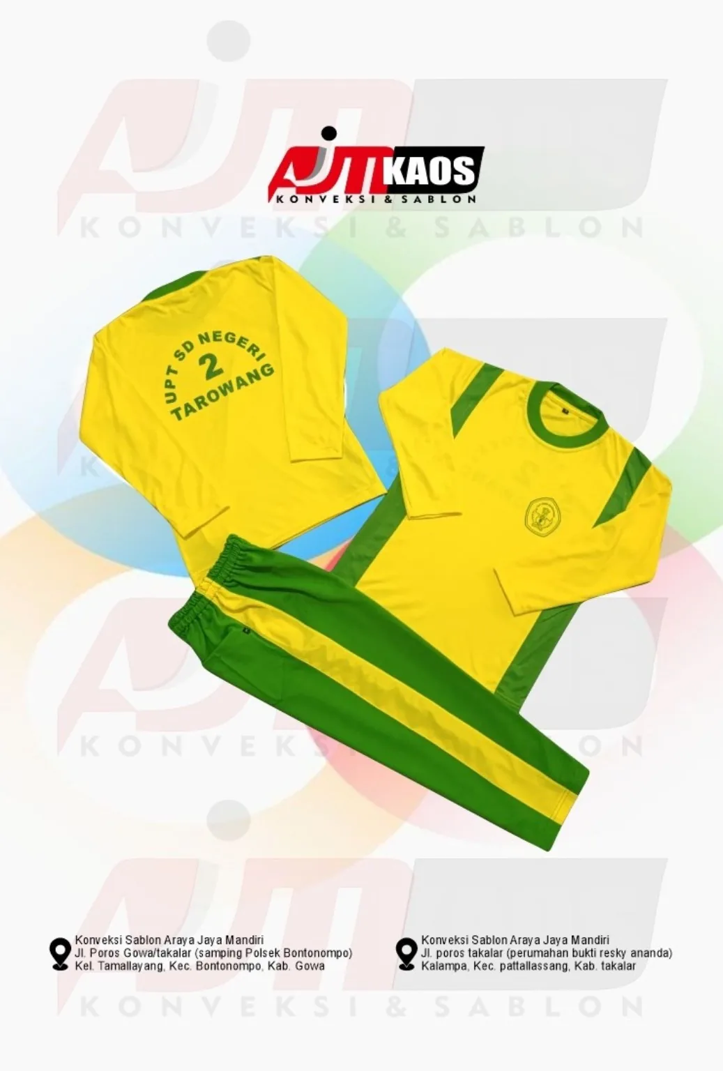 Hasil seragam olahraga AJM berwarna kuning dan hijau